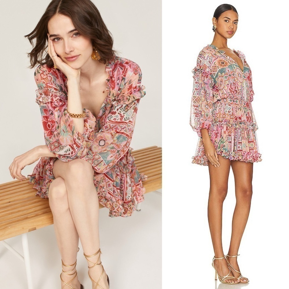 MISA Chiffon Puff Long Sleeve Tassel Tie Neck Smocked Waist Tier Ruffle Dress XS - Picture 7 of 16